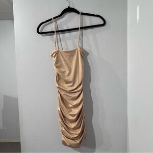 Oh Polly Tan Ruched Mini Dress